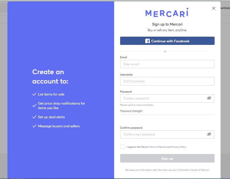 Mercari Sign up homepage