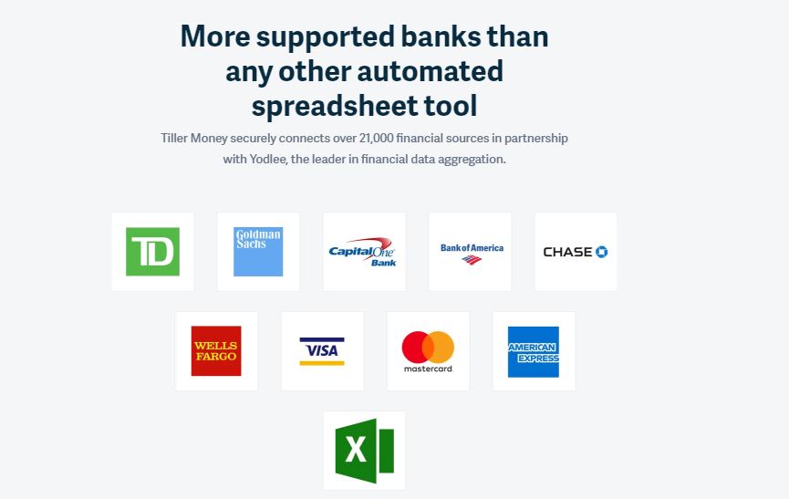 Screenshot of the Tiller Money supported banks