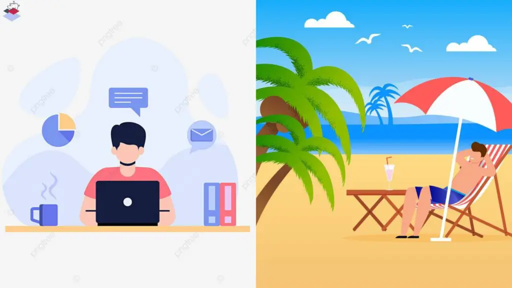 rich vs wealthy vector photo of man working on laptop and man resting on beach
