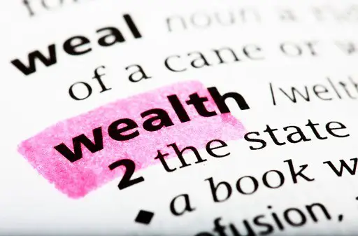 The word wealth and definition printed in the English dictionary