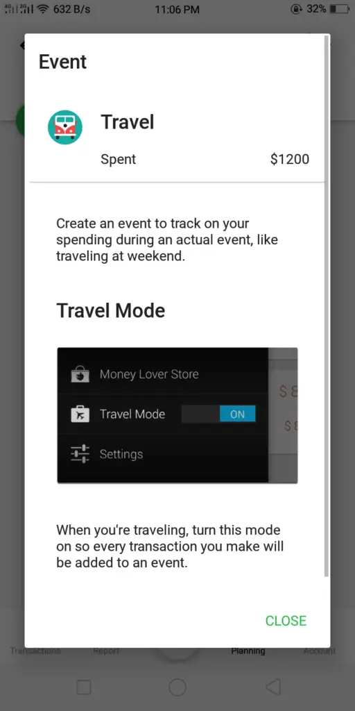 screenshot of travel mode feature