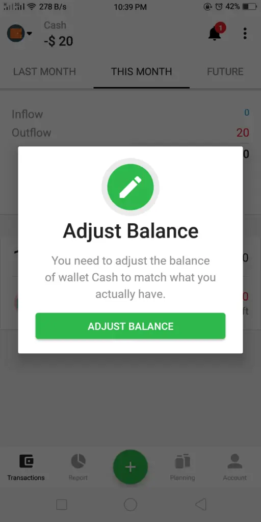 money lover app screenshot of how to adjust balance