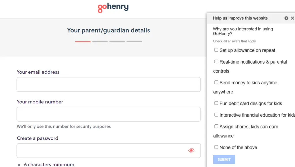 GoHenry screenshot of signup page