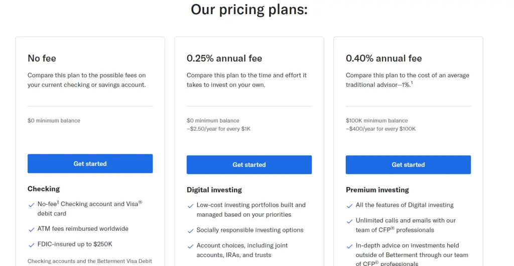 investing in betterment- screenshot of website pricing plan